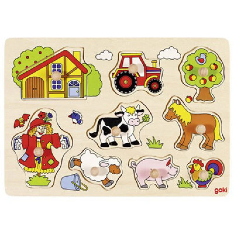 Image of Goki Lift-Out Wooden Puzzle Farm Animals - Scarecrow Apple Tree Pig