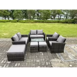 Image of Fimous 6 Seater Outdoor Dark Grey Rattan Lounge Complete Sofa Set with Oblong Coffee Table, 2 Stools and Big Footstool