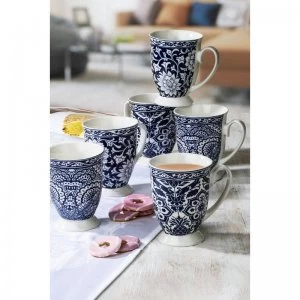 Image of Waterside 6 Piece Blue and White Footed Mugs