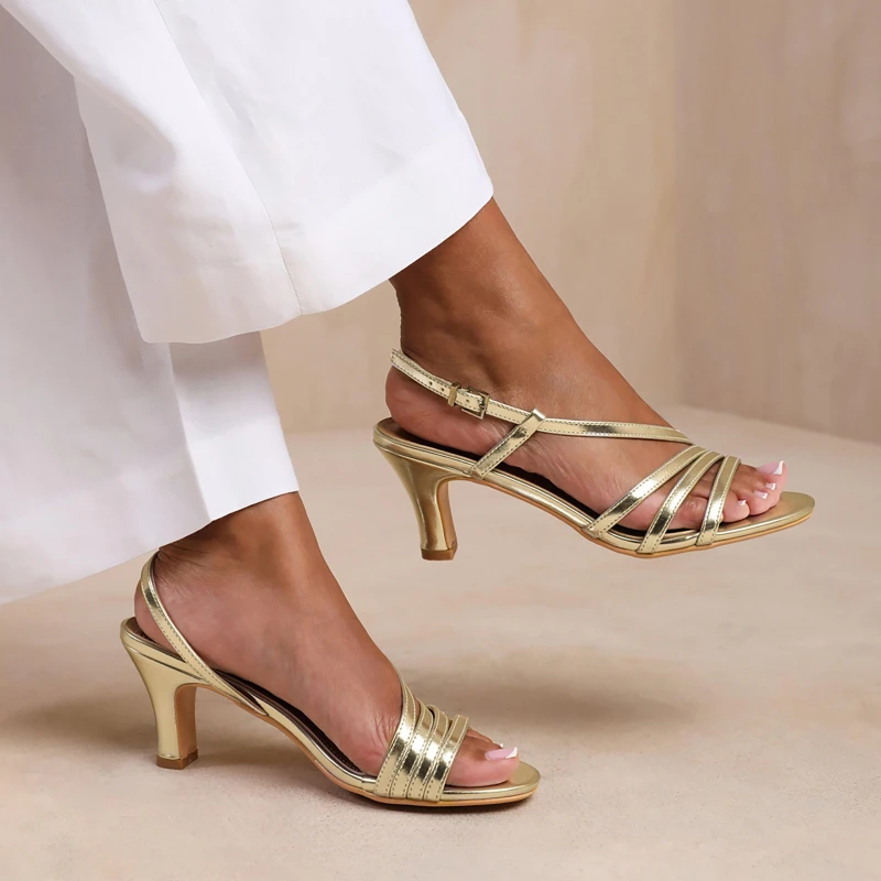 Image of Where's That From 'Mykonos' Wide Fit Mutli Strap Slingback Low Block Heel Gold