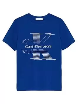 Image of Calvin Klein Jeans Boys Lined Monogram T-Shirt - Blue Size 14 Years