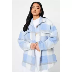 Image of I Saw It First Baby Blue Petite Oversized Check Print Shacket - Blue