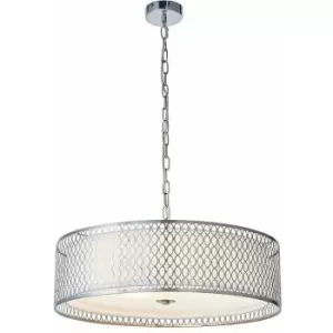 Image of Hanging Ceiling Pendant Light Satin Nickel & Fabric Round Geometric Feature Lamp