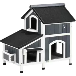 Image of PawHut Wooden Outdoor Cat House w/ Flower Pot, Windows, Multiple Entrances - Grey
