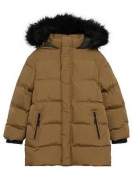 Image of Mango Boys Faux Fur Trim Padded Coat - Brown
