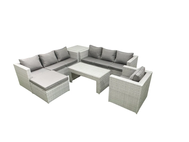 Image of Fimous Wicker PE Rattan Sofa Garden Furniture Set with Oblong Coffee Table Armchair Big Footstool Side Table Light Grey Mixed Light Grey