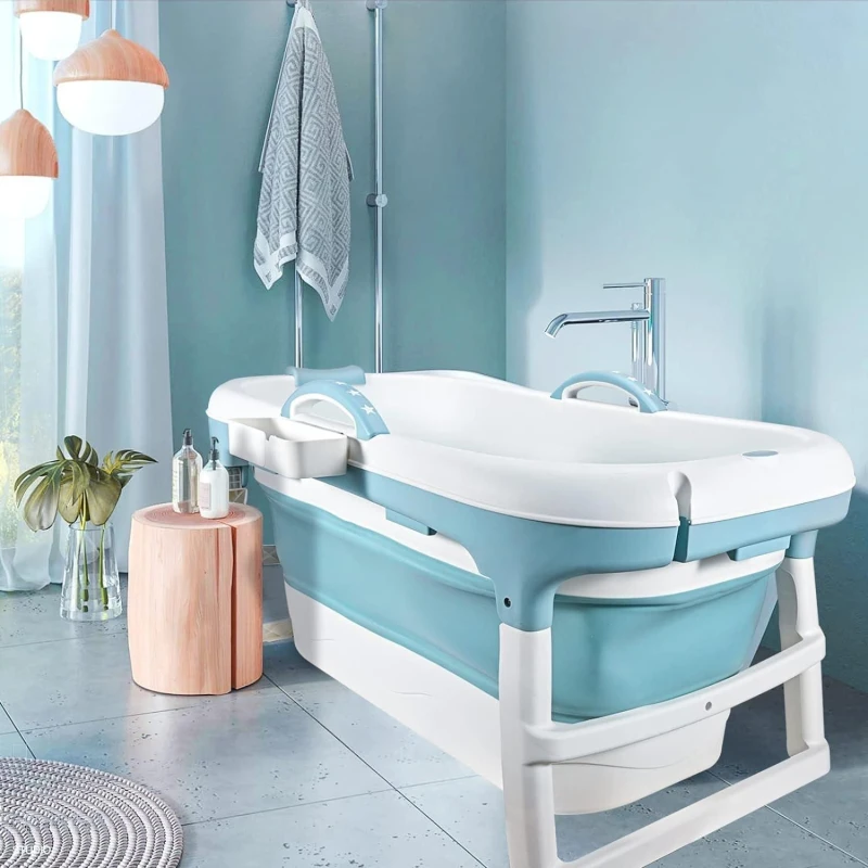Image of Fimous Foldable Bathtub Body Spa Freestanding Soaking Tub Non-Slip Bathing Shower for Bathroom Blue Blue Unisex