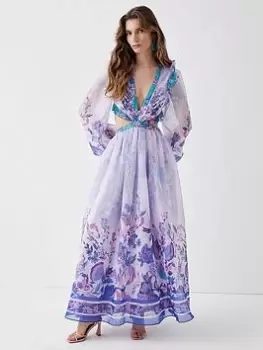 Image of COAST Ruffle Shoulder Volume Sleeve Maxi Dress - Blue Size 12, Women