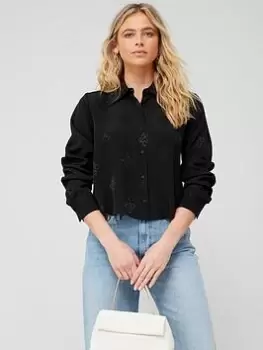 Image of HUGO Satin All Over Logo Shirt - Black, Size 38, Women