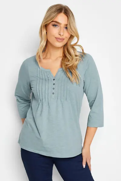 Image of M&Co Cotton Pleated Henley Top Blue