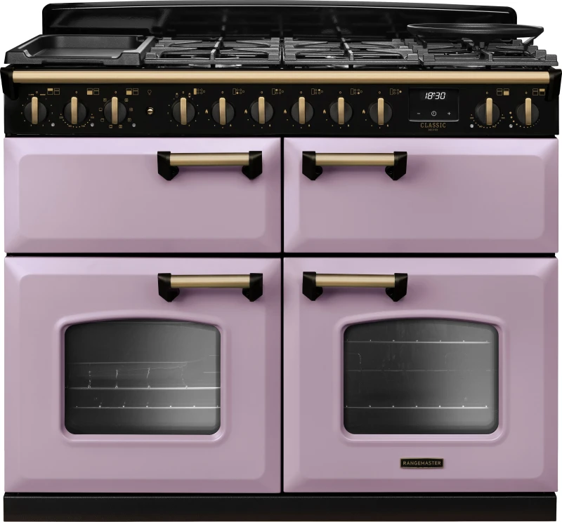Image of Rangemaster Classic Deluxe 110 CLDLB110DFPHTH/AB1 110cm wide Dual Fuel Range Cooker with Gas Hob - Heather / Antique Brass - A/A/A Rated