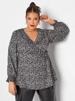 Image of Yours Wrap Frill Blouse Ditsy Print, Black, Size 18, Women