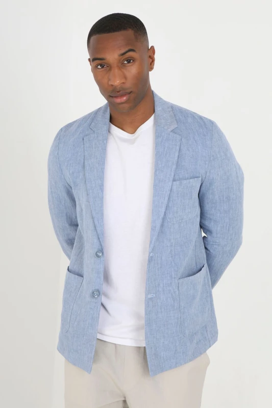Image of Brave Soul Brave Soul Men Button Through Chambray Blazer in Light Blue Size: Medium Light Blue M Male 5059534648405