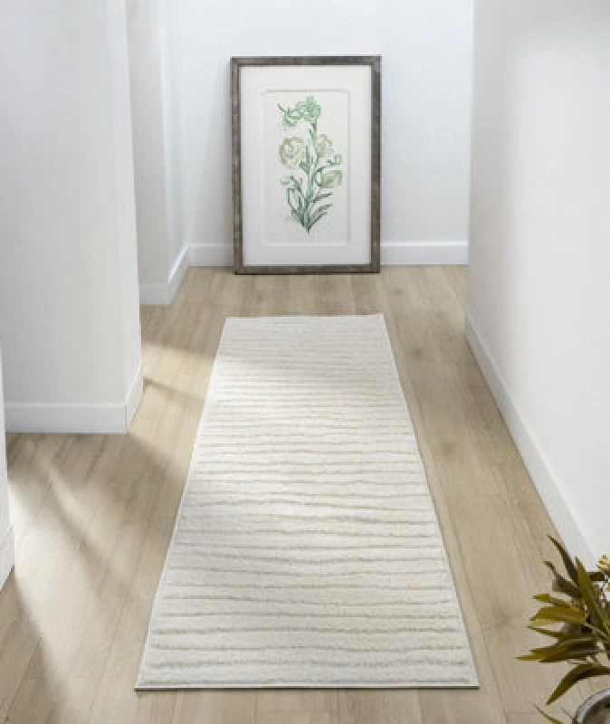Image of Aya Living Room Area Rugs - Embossed Lines Pattern Cream 60Cm X 220Cm