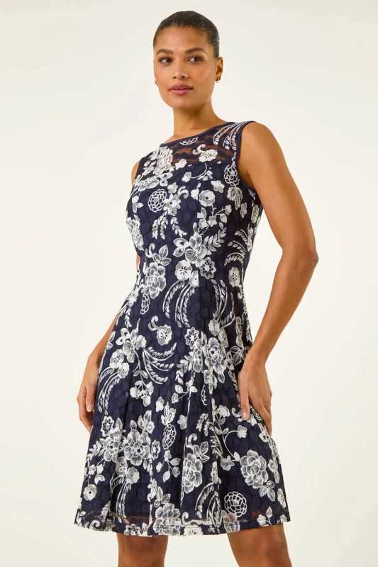 Image of Roman Womens Floral Print Lace Stretch Dress in Navy Size: 18 Navy Female 18