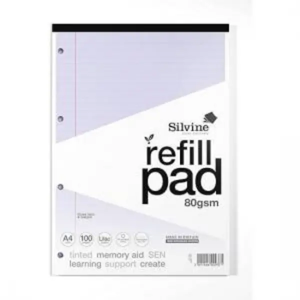 Image of Silvine Silvine SEN Refill Pad A4 With Tinted Coloured Papers 100 Page Ruled With Margin 4 Hole Punched Lilac (Pack 6) - A4RPTINV A4RPTINV