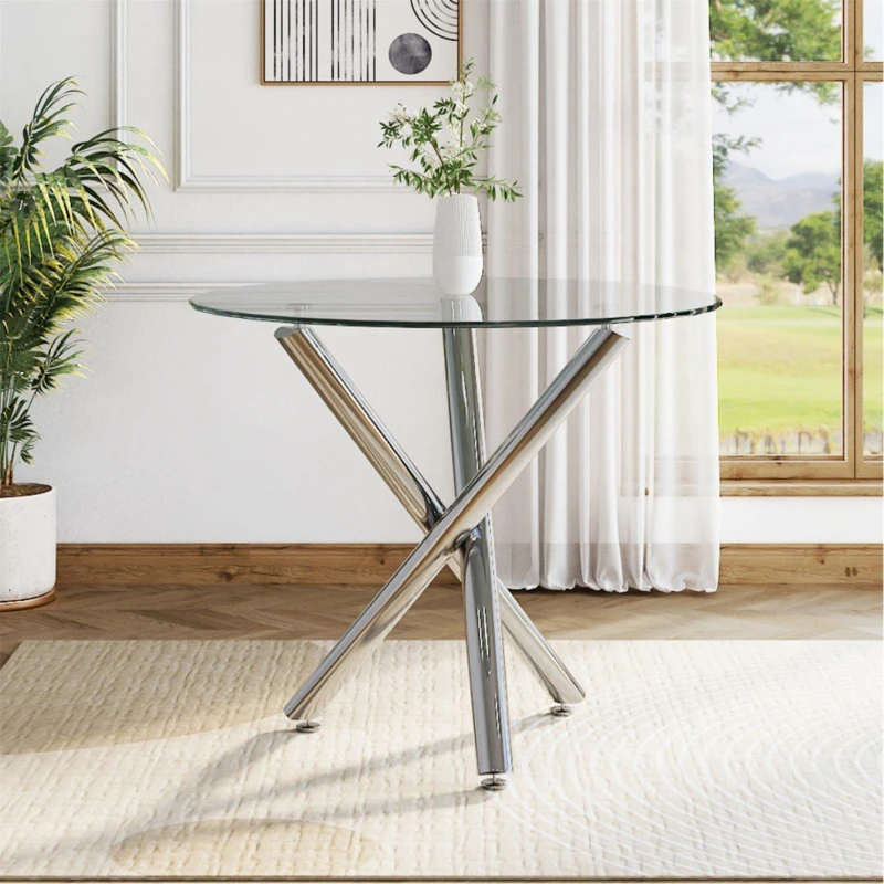 Image of Cottonfy UK Round Tempered Glass Table with Chrome Leg - Clear Clear M