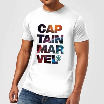 Image of Captain Marvel Space Text Mens T-Shirt - White - XS