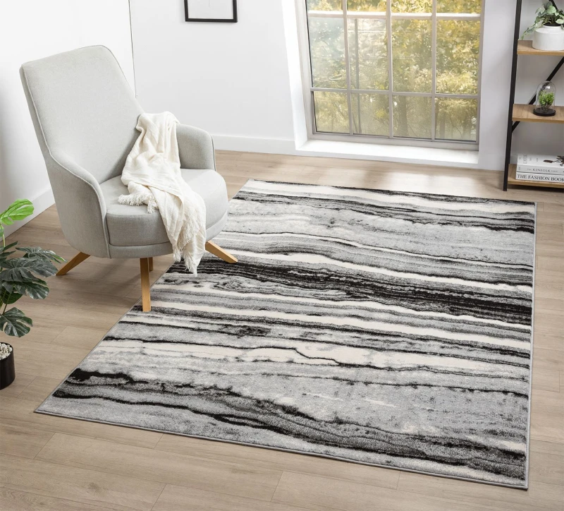 Image of Obsidian Modern Low Pile Area Rug - Coast Waves Abstract Design Grey 160Cm X 230Cm