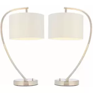 Image of 2 pack Modern Curved Arm Table Lamp Nickel & White Shade Bedside Feature Light