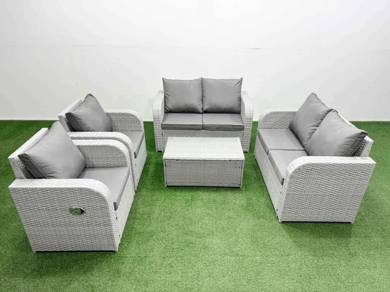 Image of Fimous 6 Seater Outdoor Reclining Chair Love Sofa Set Rattan Garden Furniture Set with Rectangular Coffee Table Light Grey Light Grey