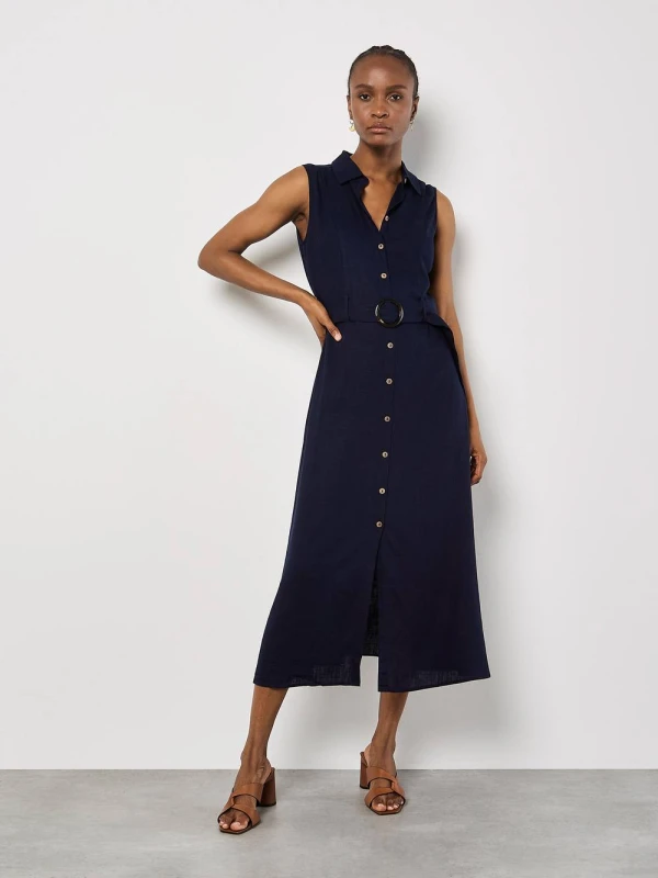 Image of Apricot Womens Linen Blend Shirt Midi Dress in Navy Size: 8 Navy Female 8