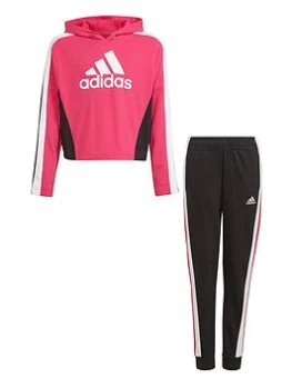 Image of adidas Junior Girls Hooded Crop Tracksuit - Black/Pink, Size 7-8 Years, Women