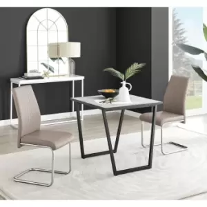 Image of Furniturebox Carson White Marble Effect Square Dining Table & 2 Cappuccino Lorenzo Faux Leather Chairs