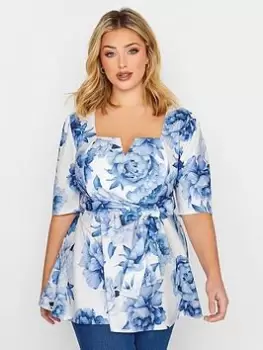 Image of Yours Floral Notch Neck Peplum Top, White, Size 26-28, Women