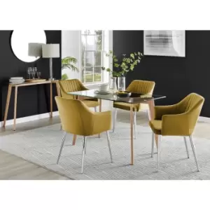 Image of Furniturebox UK - Furniturebox Malmo Rectangular Glass and Wooden Leg Modern Industrial Dining Table & 4 Mustard Calla Silver Leg Velvet Chairs
