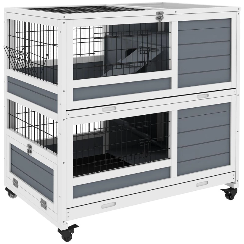 Image of PawHut Pawhut - Double Deckers Indoor Rabbit Hutch w/ Feeding Trough, Slide-Out Trays 5056725385323