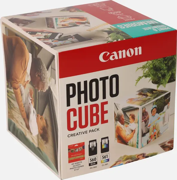 Image of Canon Photo Cube with PG-560 + CL-561 Ink Cartridges + PP-201 5 x 5" Photo Paper Plus Glossy II (40 sheets) - Creative Pack, Blue