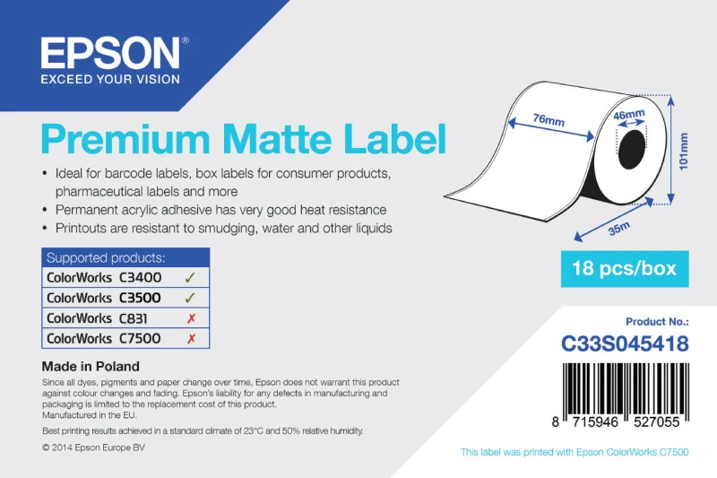 Image of Epson C33S045418 Premium Matte White Continuous Label Roll 76mm x 35m (Original)