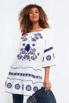Image of Flared Sleeve Tie Neck Tunic Dress