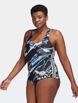 Image of adidas Positivisea 3-Stripes Graphic Swimsuit (Plus Size), Black/White, Size 1X, Women