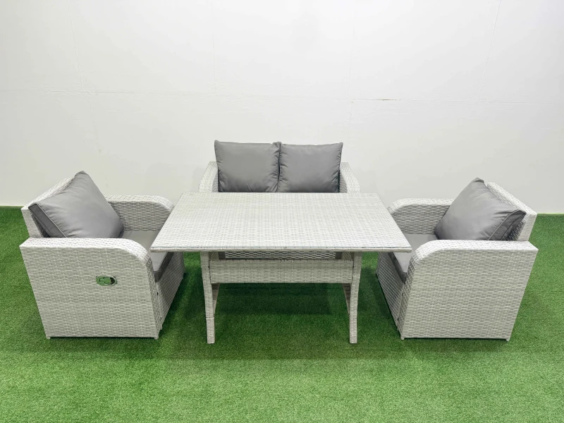 Image of Fimous Light Grey PE Wicker Rattan Garden Furniture Set Sofa Set Reclining Chair Rectangular Dining Table 4 Seater Light Grey