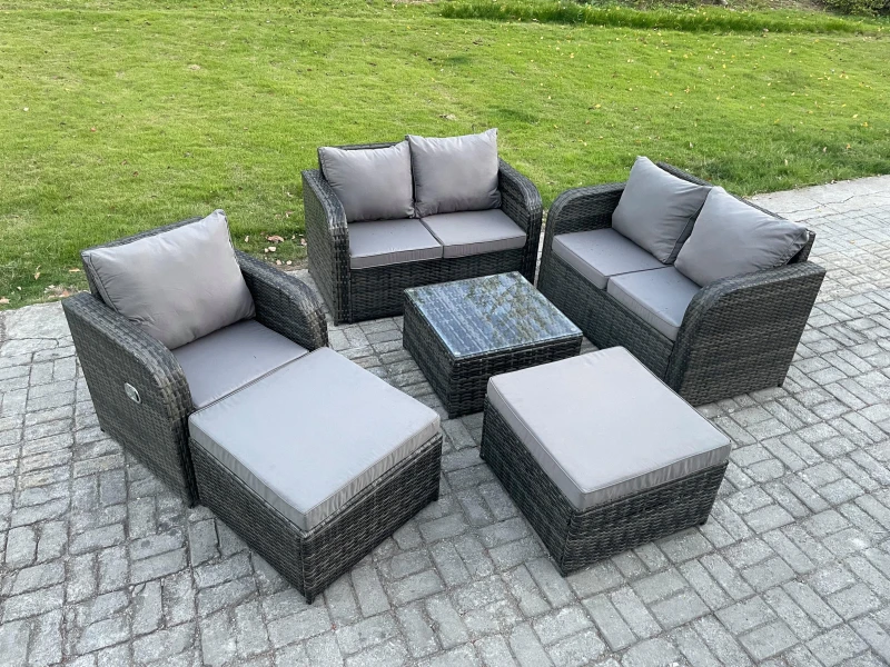 Image of Fimous 7 Seater High Back Rattan Garden Furniture Set with Square Coffee Table 2 Big Footstool Love Sofa Indoor Outdoor Patio Lounge Sofa Set Dark Gre