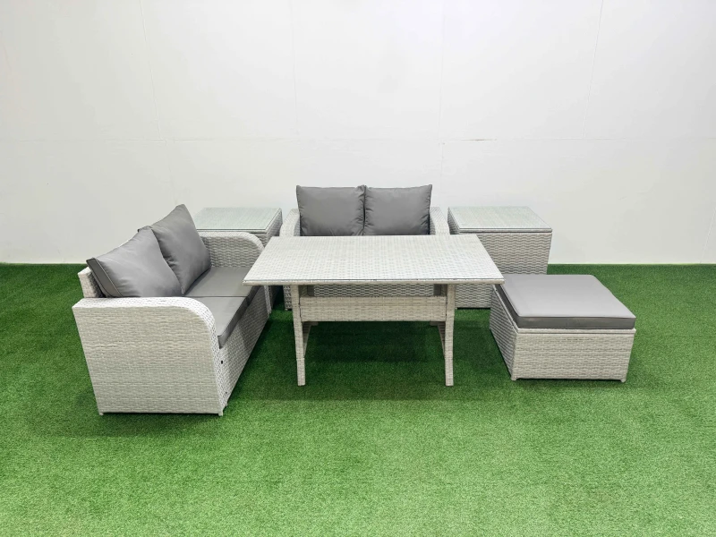 Image of Fimous 5 Seater Outdoor Love Sofa Set Rattan Garden Furniture Set with Rectangular Dining Table Big Footstool 2 Side Tables Light Grey Light Grey