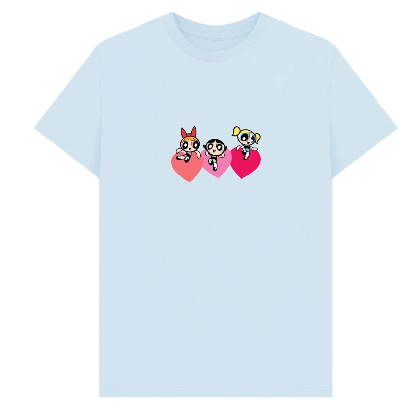 Image of Powerpuff Girls Mens Triple Heart T-Shirt in Light Blue Size: Small Light Blue Male S