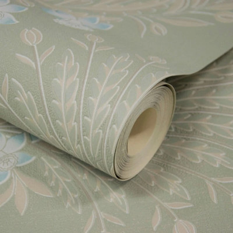 Image of Grandeco Flora Damask Blown Vinyl Wallpaper - Sage Green Green