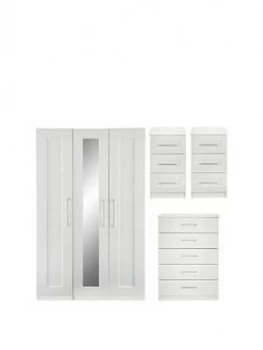 Image of Frodsham Part Assembled 4 Piece Package - 3 Door Mirrored Wardrobe, 5 Drawer Chest And 2 Bedside Chests