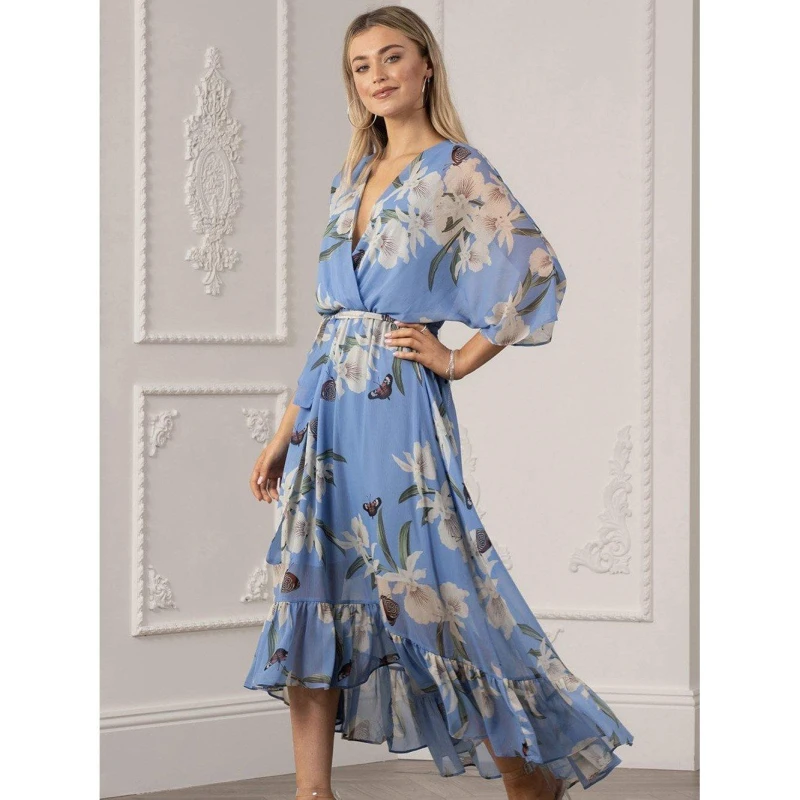 Image of Yumi Light Blue Floral Kimono Sleeves Dip Hem Wrap Midi Dress Light Blue