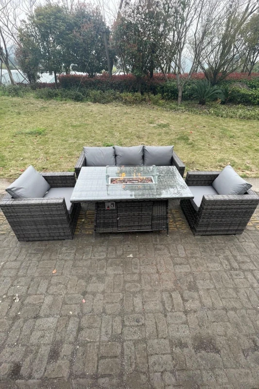 Image of Fimous 5 Seater Outdoor PE Rattan Garden Furniture Gas Fire Pit Dining Table Lounge Sofa 2 PC Armchairs Dark Grey
