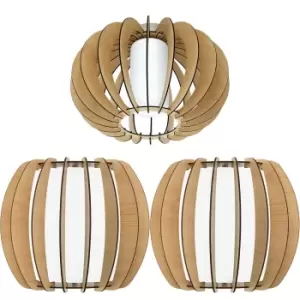 Image of Low Ceiling Light & 2x Matching Wall Lights Wood Cage & White Glass Shade Lamp