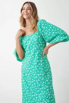 Image of Green Floral Square Neck Midi Dress