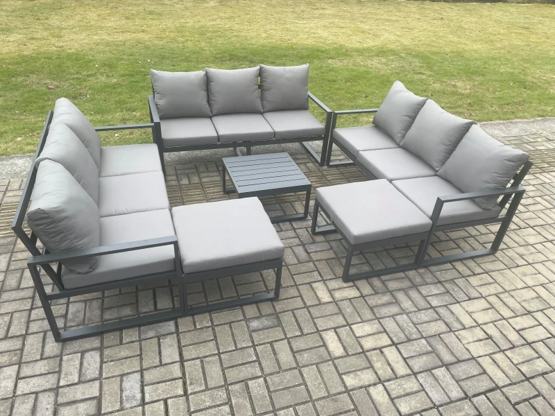 Image of Fimous Aluminium Outdoor Garden Furniture Set Patio Lounge Sofa with Square Coffee Table 2 Big Footstools Conservatory Set Dark Grey Dark Grey Unisex
