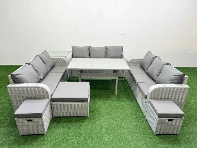 Image of Fimous PE Rattan Lounge Sofa Set 12 Seater Outdoor Garden Furniture Set with Rectangular Dining Table 3 Seater Sofa 3 Stools Side Table Light Grey Lig