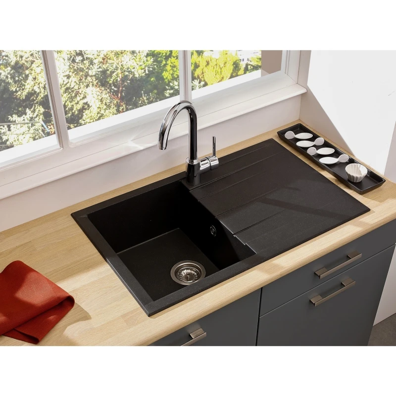 Image of Rocklite Bredon Single Bowl Inset Black Composite Kitchen Sink with Reversible Drainer Bredon1BL Black