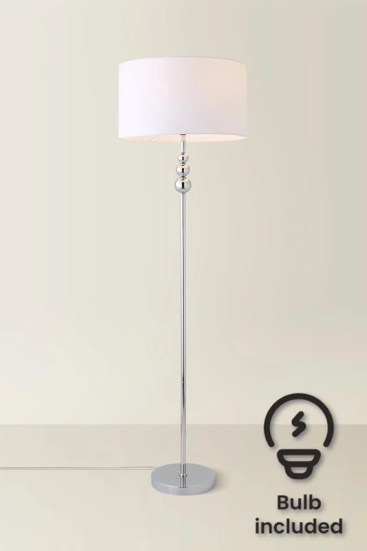 Image of ValueLights Marissa Fabric Drum Shade with Chrome Stacked Ball Floor Lamp with LED Bulb White