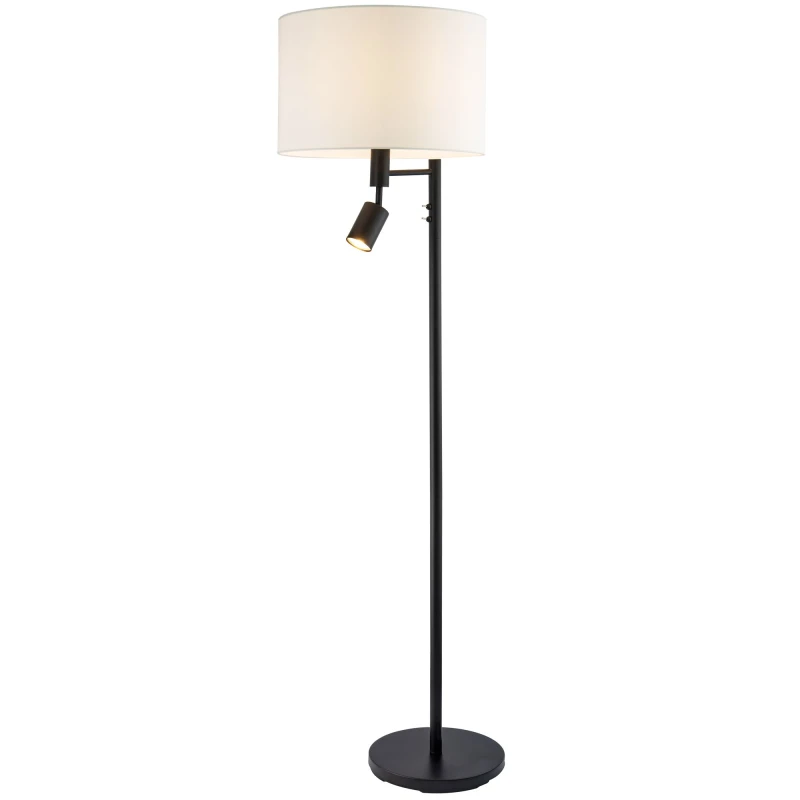 Image of Happy Homewares Modern Black Floor Light with LED Adjustable Spot Lamp & White Cotton Shade Black Unisex